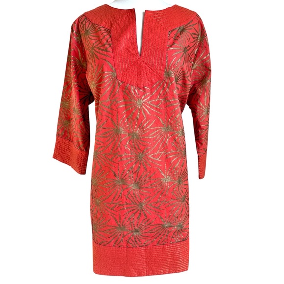Gretchen Scott Tunic Dress Split Neck Orange Gold 3/4‎ Sleeve Pockets - Picture 1 of 13